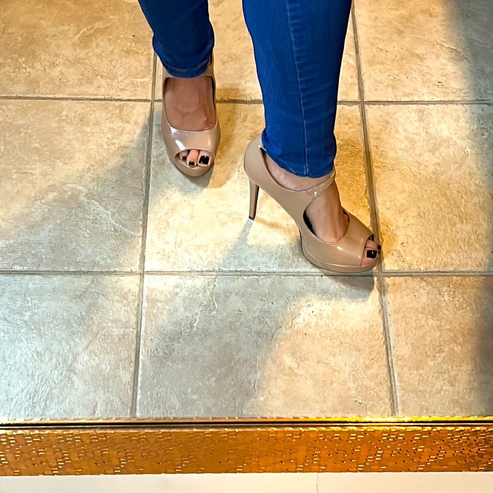 Chelsiep Nude Patent Open Toe Platform Heel